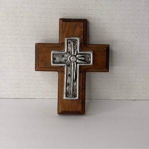 Vintage Rustic Handmade Wooden Cross With Metal Insert Mexico  5.5 x 4.25 in